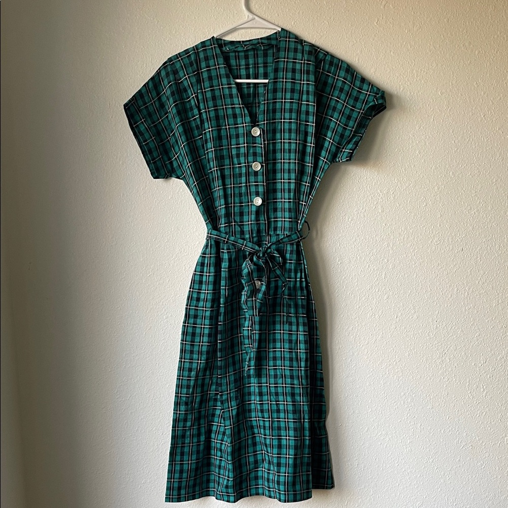 Vintage Hand Made Green and Black Plaid Button-Down Dress Size Medium Academia